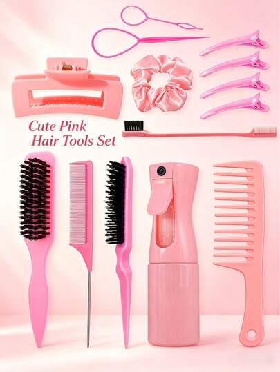 Bộ 14 dụng cụ tạo kiểu tóc màu hồng dễ thương, bao gồm bình xịt, lược răng thưa, lược đánh rối, lược đuôi nhọn, lược giữ nếp tóc, dụng cụ tết tóc kiểu Pháp, kẹp tóc, dây buộc tóc bằng satin và kẹp càng cua lớn, dụng cụ thiết yếu tại salon và nhà dành cho phụ nữ.