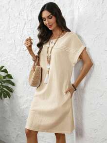 Vestido corto casual de mujer de unicolor con mangas de murciélago - Albaricoque - Ver 8