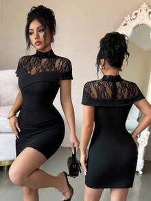 Vestido romántico de carnaval con parches de encaje y cintura asimétrica para mujer, vestido corto elegante negro, vestido de vacaciones, conjunto de oficina de lujo, adecuado para el trabajo, uso diario, fiesta en la piscina, invitado de boda, cita nocturna - Negro - Ver 7