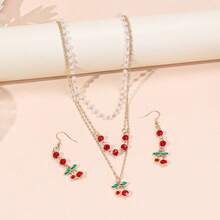 Bộ trang sức gồm 1 dây chuyền mặt hình quả anh đào tối giản dễ thương và 1 đôi bông tai hình quả anh đào dành cho nữ. - Vàng - Xem 2