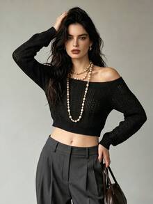 Phong cách Y2K, Áo croptop dệt kim trễ vai cá tính, Áo len dài tay croptop khoét rỗng đẹp mắt & Trang phục đi chơi - màu đen - Xem 3