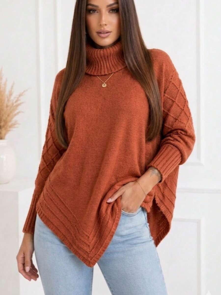 Women's Knitted Blouse With High Neck, Poncho Style, Comfortable And Modern, For Cold Weather. - Terracotta - View 1