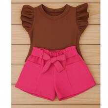 Children's And Teen Set: Cropped Blouse With Ruffles And Ribbed Detail + Linen Clochard Shorts. 2-Piece Set For Girls And Teenagers CJI033 - 粉紅色和棕色 - 查看 1