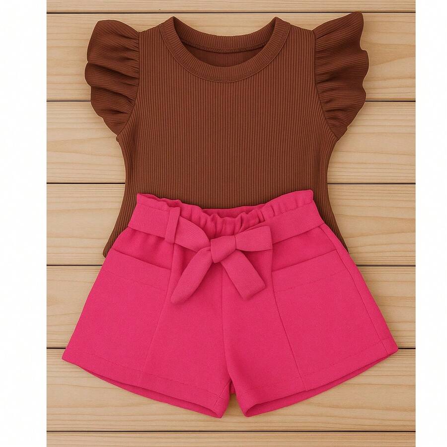 Children's And Teen Set: Cropped Blouse With Ruffles And Ribbed Detail + Linen Clochard Shorts. 2-Piece Set For Girls And Teenagers CJI033 - 粉紅色和棕色 - 查看 1