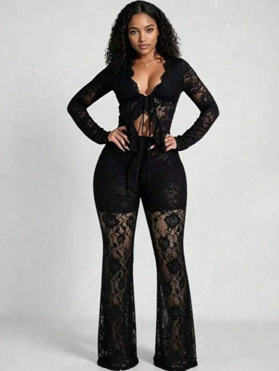 Women's Sexy White Lace Two-Piece Outfit With Deep V Neck Long Sleeve Top And Long Pants Semi-Sheer Knot Details Trajes Elegantes De Mujer Night Out Outfit Summer Vacation Outfits - màu đen - Xem 1