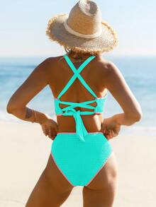 popvil Bộ bikini nữ chất liệu có họa tiết, buộc dây phía sau, cạp cao, thích hợp cho kỳ nghỉ hè, đi bơi. - màu xanh lá - Xem 2