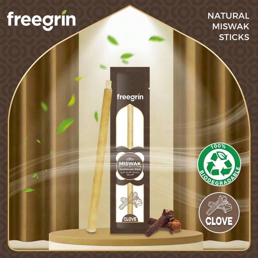 Bàn chải đánh răng FREEGRIN hương hoa tử đinh hương tự nhiên mới, cực kỳ tươi mát, chiết xuất từ cây cỏ dại Ả Rập chính hiệu, giúp tăng cường sức khỏe nướu, làm chắc răng và làm thơm hơi thở. Bàn chải đánh răng Miswak Siwak - màu nâu - Xem 1