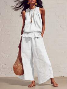 2026 Womens Multi-Color Linen-Blend 2-Piece Set Smocked Neckline Sleeveless Top & Wide Leg Pants Vacation Co-Ord - 黑色 - 查看 5