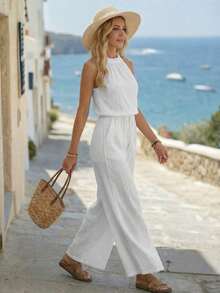 Mono ancho de pierna casual con bolsillo, cintura con borlas y unicolor, de moda para vacaciones - Blanco - Ver 4