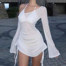 Minivestido liso con tirantes fruncidos y cuello oblicuo para mujer, minivestido transparente con cordones, ropa de fiesta para discoteca, verano 2025,  al por mayor - Blanco - Ver 3