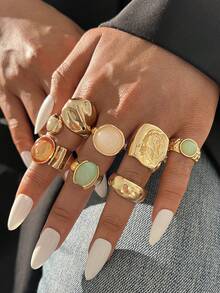 13/6/20pcs Cincin Logam Batu Permata Mata Harimau Berwarna-warni Gaya Bohemian Elegan Vintage untuk Wanita, Cocok untuk Pemakaian Sehari-hari, Pesta, Liburan, Kencan, Cincin Emas Wanita yang Dapat Ditumpuk - Emas - View 3