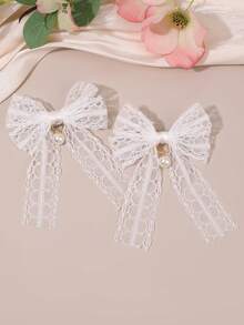 2 piezas Clips de pelo con lazo blanco, accesorios de pelo con decoración de perlas y malla, regalo de moda para el cabello - Blanco - Ver 9