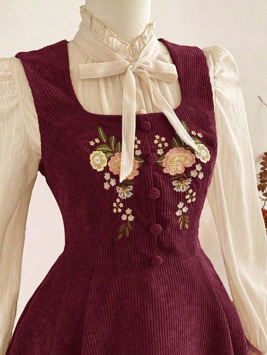 Vestido elegante vintage de mujer con bolsillos, de pana con bordado floral y botones, ropa casual para vacaciones, otoño, ropa de otoño para mujer, atuendos de otoño para mujer, vestidos de otoño para mujer, vestido de invierno para mujer, ropa de invierno para mujer, ropa de Navidad para mujer, atuendo de Navidad para mujer, vestido de fiesta de Navidad, vestido marrón, vestidos elegantes para mujer, vestido elegante para mujer - Burdeos - Ver 1