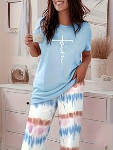 Two-Piece Set | Round-Neck Crossed Print Top Short Sleeve | Gradient Wide Pants Casual Loose Fit Set - 天藍色 - 查看 3