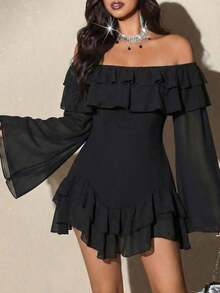 Vestido mini de manga larga con volantes y mangas acampanadas, de talla grande, elegante, romántico y sexy, con parches en blanco y negro, de gasa fluida y con hombros descubiertos, para primavera/otoño - Negro - Ver 5