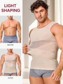 TAILONG Men's Plus Size Summer Mesh Breathable Tummy Control Body Shaper Tank Top High Elasticity Crisscross Back Compression Shirt For Gym Daily - Beige - View 4