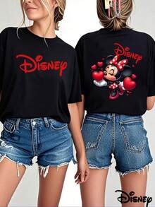 [Disney]Cute Disney Minnie Mouse Print T-Shirt, White Casual Short Sleeve Tee, Red "Disney" Logo Front & Minnie With Hearts Back Graphic Top - 黑色 - 查看 1