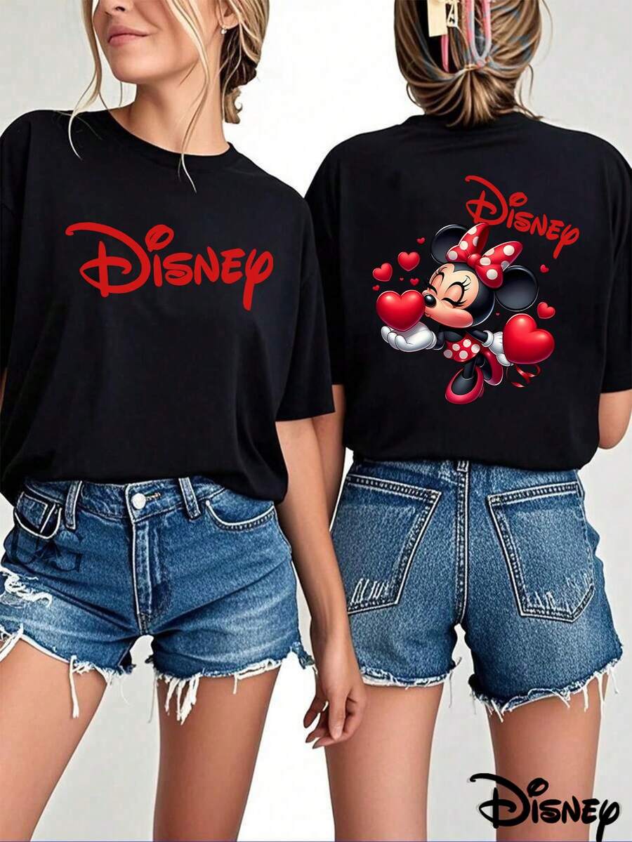 [Disney]Cute Disney Minnie Mouse Print T-Shirt, White Casual Short Sleeve Tee, Red "Disney" Logo Front & Minnie With Hearts Back Graphic Top - 黑色 - 查看 1