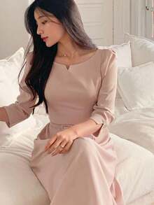 Vestido Formal de Oficina para Mujer, Cuello en V Cuadrado, Manga Abullonada, Cinturón en la Cintura, Vestido Midi Ajustado de Cintura Alta - Rosa - Ver 2