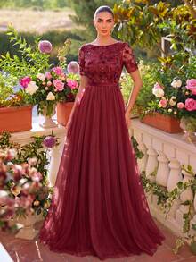 Faeriesty Glamorous Women's Round Neck Long Formal Dress Featuring Short Regular Sleeves And Contrast Sequin Detail On Soft Mesh Fabric - Red - View 3