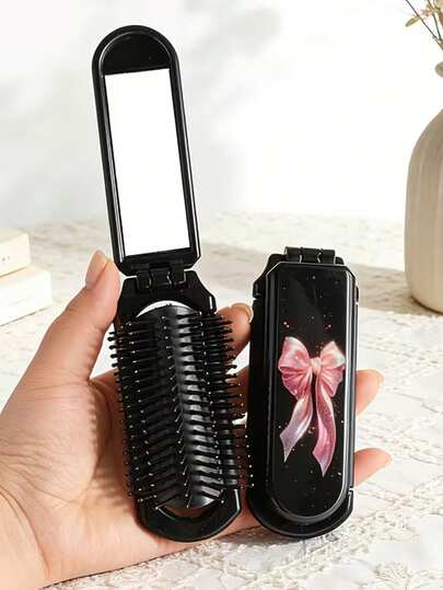 Pink Bow Design Folding Comb With Mirror, 2-In-1 Portable Makeup Mirror Comb, Mini Foldable Air Cushion Massage Brush, Suitable For Wedding, Travel, Camping, Office, Business Trip, Sports, Outdoor, Performance, Hair Grooming, Multifunctional, Back To School, Mother's Day Gift, Travel Essential, Easter Gift, Women's Accessory