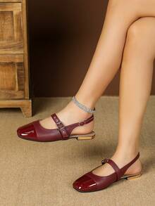 JiaYunNvXie Women's Mary Jane Low Heel Shoes, Leather Patchwork Gold Heel Sandals, Ballet Dancer - Burgundy - View 5