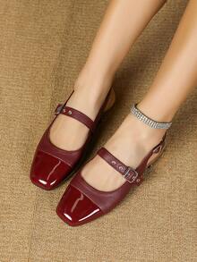 JiaYunNvXie Women's Mary Jane Low Heel Shoes, Leather Patchwork Gold Heel Sandals, Ballet Dancer - Burgundy - View 16