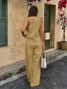Conjunto dos piezas de lino estilo bohemio para mujer top asimétrico con flor y pantalones holgados color beige ideal para vacaciones - verde menta - Ver 8