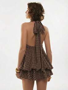 Vestido corto de verano para mujer con cuello halter, espalda descubierta y volantes con estampado de cuadros - Café integral - Ver 2