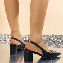 2026 Solid Color Glossy Patent Leather Pointed Toe Ankle Strap Chunky Heel Sandals, Formal Party Wedding Banquet Holiday Casual Commute Fashion High Heels For Women - Teal Blue - View 4