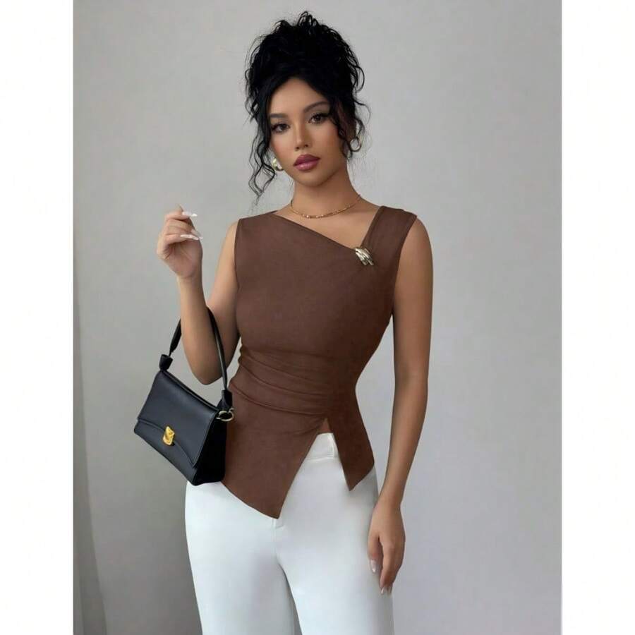 Solid Color Sleeveless T-Shirt With Metallic Embellishment For Fitted Wear - Coffee Brown - View 1