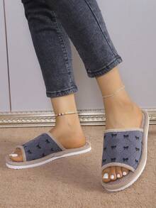 Classic Bow Linen Slippers, Unisex Anti-Slip Soft Bottom Indoor House Slippers, Suitable For All Seasons - Grey - View 3