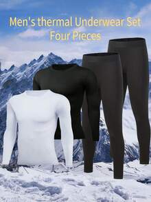 4-Piece Men's Underwear Set: Long-Sleeved Shirt And Pants, Suitable For Breathable Fabric, Men's Round-Neck Long-Sleeved T-Shirt Set, Home Wear Set: Shirt And Pants. - White + Black - View 11