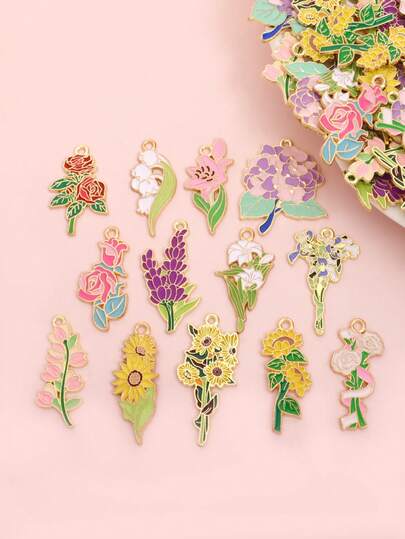 10 piezas Diseño de flor elegante múltiple Girasol Tulipán Lirio Iris Violeta Peonía Hortensia Colgantes de aceite de goteo coloridos, 13 estilos Accesorios de estilo floral fresco Colgantes de aleación para collar de clavícula DIY, pendientes, broche, llavero, funda de auriculares, decoraciones colgantes - Accesorio exquisito para mujeres y niñas para uso diario, Día de San Valentín o Día de la Madre