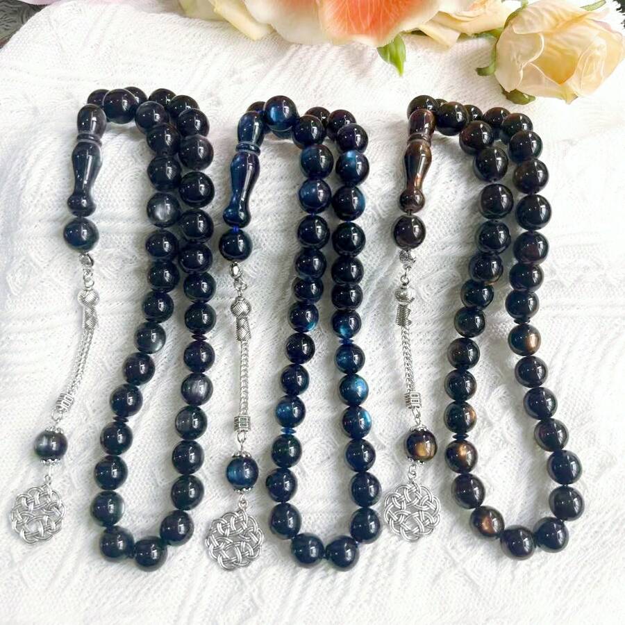 1 pieza Pulsera con estilo de ojo de gato de 12 mm, 33 cuentas, diseño elegante de pulsera de cuentas para mujer, adecuada para la celebración de Eid Al-Adha - Marrón - Ver 1