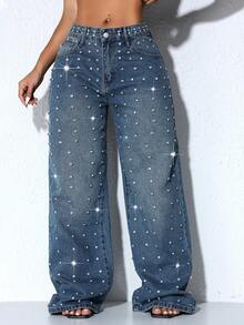 Custom Bead Low Waist Wide Leg Casual Blue Ripped Slanted Pocket Curved Women'S Jeans Fall Clothes - Blue Ambition - View 4