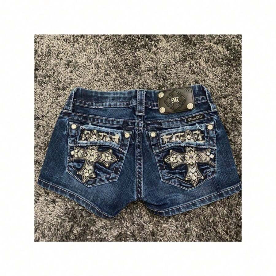 Women's Sexy Denim Shorts, Retro Intersection Bag Design, Embroidery Details, Low-Rise Tailoring, Highlighting The Hips, Perfect Harajiku Style - 藍色 - 查看 1