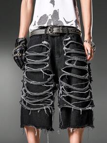 Men's American Street Retro Ripped Black Denim Five-Point Shorts, Loose Wide Leg Versatile All Season (Belt & Accessories Not Included) - Black - View 8