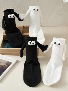 2 Pairs Of Mid-calf Socks With Three-dimensional Eyes That Can Hold Hands, Suitable For Couples/good Friends - Black and White - View 8