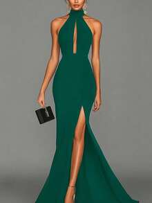 Elegant Sleeveless Backless Black Long Dress, High Slit Design, Perfect For Formal Occasions And Galas Wedding Party - Green - View 6