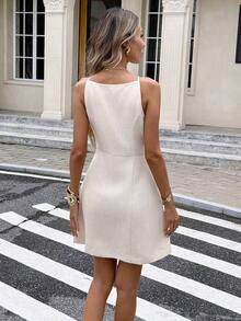 Vestido casual de verano de mujer de unicolor con cuello cuadrado, sin mangas y con botones delanteros - Albaricoque - Ver 2