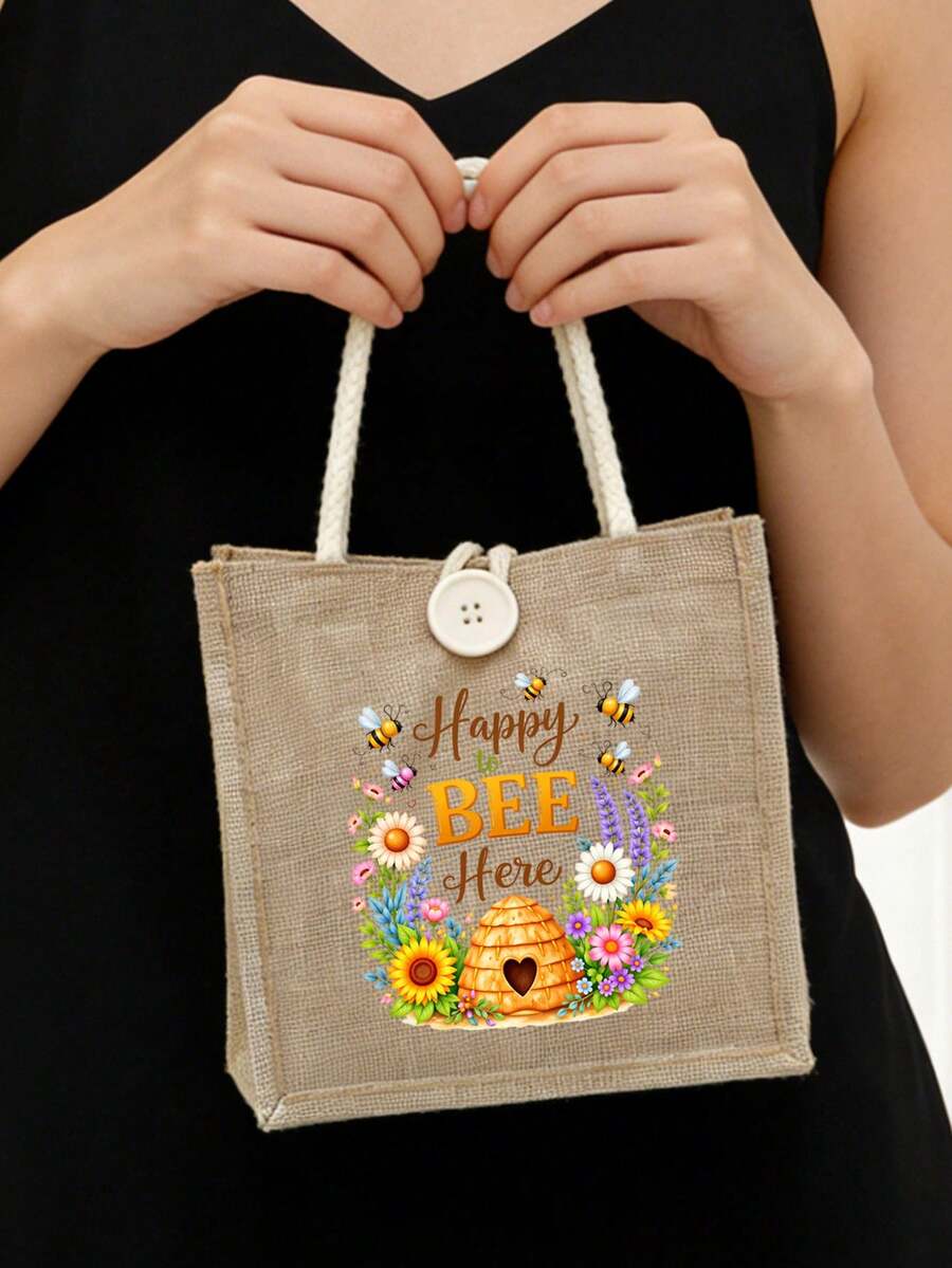 Reusable Tote Bag With Cute Bee & Floral Print, Lightweight Foldable Shopping Bag, Canvas Handbag With Rope Handle, Portable Makeup Cosmetic Travel Pouch, Compact Size Fits Cosmetics, Books, Lunch & Daily Essentials, Great Gift For Mom, Wife, Grandma, Mother's Day - Multicolor - View 1