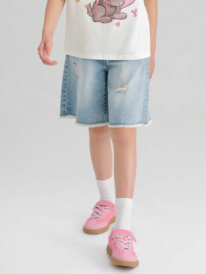 Balabala Quần short denim cho bé gái, quần dài ngang gối bằng cotton mùa hè, quần thường ngày nhẹ nhàng, phong cách ngoài trời.