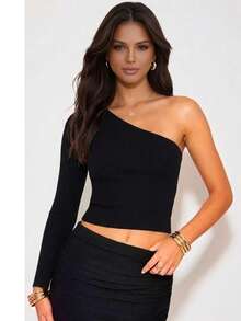 Women's One Shoulder Slim Fit Crop Top, Ribbed One Sleeve Bodycon Casual Top - Black - View 1