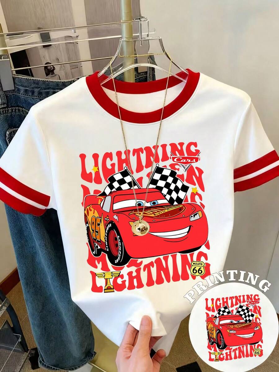Disney Authorized Women'S Y2K Colorblock Summer Crew Neck Short Sleeve T-Shirt - Breathable Crew Neck Casual Top With Disney'S "Cars" Lightning Mcqueen Print Designed For Everyday Wear - trắng - Xem 1