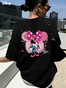 Women's Summer T-Shirt, 100% Cotton Short-Sleeve Top With Disney Minnie Mouse Pink Bow And Blue Dress Fantasy Print. Women's Summer Clothing, Simple And Versatile Round-Neck T-Shirt, Casual And Comfortable Pullover, Suitable For Home Wear And Outings. New Women's Apparel - màu đen - Xem 2