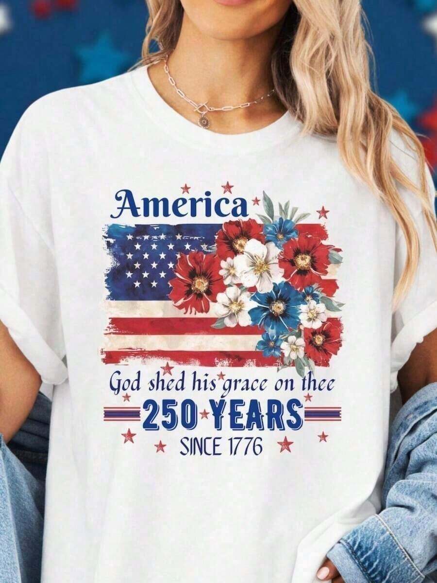 Tops For WomenT-Shirt For Women America 250 Years Flag Floral Graphic,Celebrate 250th Anniversary,Patriot Gifted Shirt For 4th Of JulyLoose And Comfortabledazy Clothes Women Cute Top - 白色 - 查看 1