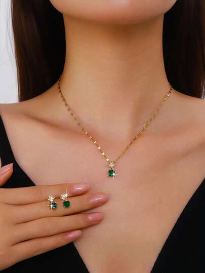 3pcs/Set Women's Necklace, Earrings Jewelry Set With Green Zirconia, Vintage Elegant High-End, Reduces Age, Suitable For Work And Party, Refined Women's Choice, Ideal Gift