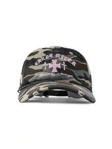 1顶复古甜美酷炫迷彩刺绣字母十字男女通用棒球帽，情侣街头时尚百搭迷彩帽，做旧软帽冠弯檐按扣，嘻哈遮阳帽，春夏款 - 彩色 - 查看 12