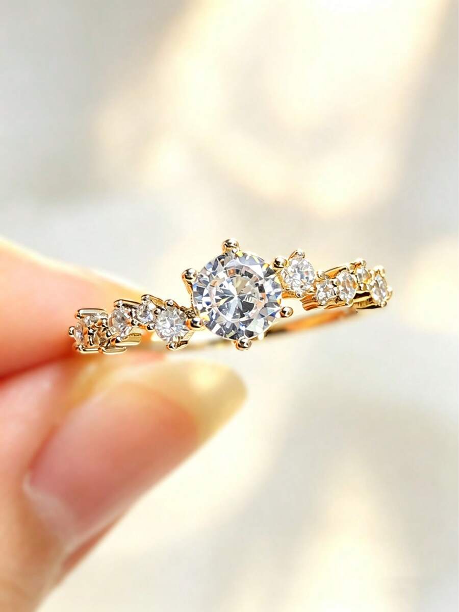 1 chiếc nhẫn đính hôn/cưới bằng bạc Sterling S925, đá Cubic Zirconia tổng hợp, trang sức thanh lịch và sang trọng để đeo hàng ngày, món quà ý nghĩa dành tặng nàng. - Vàng - Xem 1